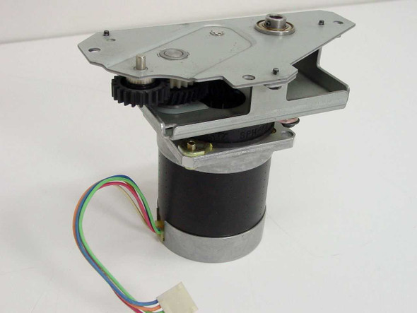 Shinano Kenshi STH-54D403 stepper motor with gear assembly – front left three-quarter view showing motor body, gear bracket, and 6-pin wiring harness