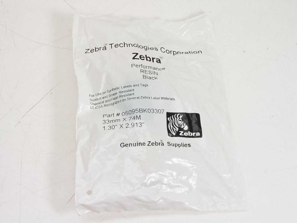 Zebra 05095BK03307 Performance Resin Black ribbon in sealed clear polybag — front of packaging showing part number and specs