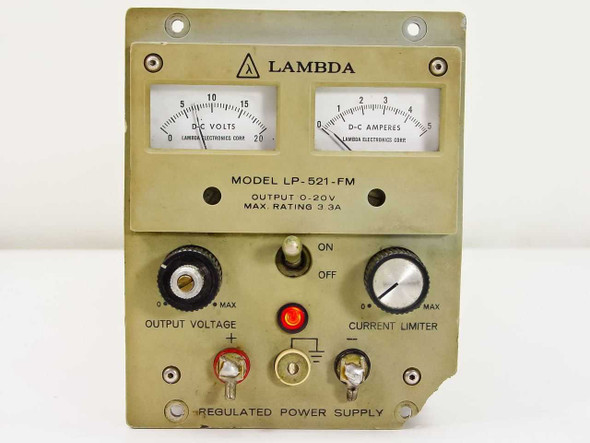 Lambda LP-521-FM front panel close-up showing DC Volts and DC Amperes analog meters, On/Off toggle, output voltage and current limiter controls, and output binding posts