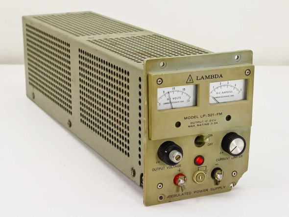 Lambda LP-521-FM regulated DC power supply — three-quarter front view showing analog volt and amp meters, output voltage and current limiter knobs, and olive-green vented chassis