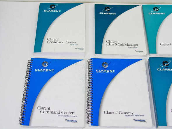 Clarent Command Center User Guide and Technical Reference binders alongside Clarent Class 5 Call Manager and Gateway manuals — close-up front covers