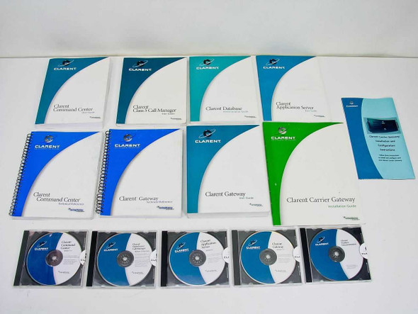 Clarent Gateway Carrier complete documentation and software set — 9 printed manuals and 5 CD-ROMs spread on white surface