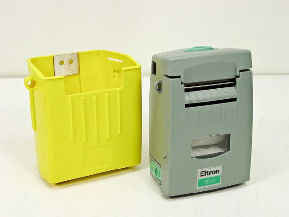Zebra Eltron PA202 XPort portable thermal printer shown alongside yellow carrying case, front view