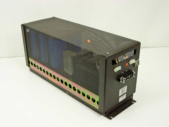 Siemens V30141-Z0113-A008 rectifier – right front three-quarter view showing rear panel connectors J1, J2, terminal block TB1, and UL label
