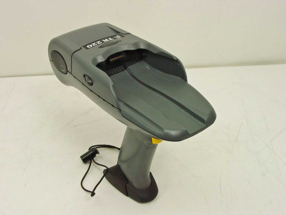 Zebra TR220 portable label printer – right side profile view with paper door open and wrist strap