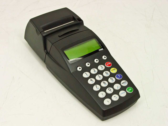 Banksys C-ZAM Smash Merchant Unit POS terminal – front-left three-quarter view showing LCD display and keypad with integrated printer on top
