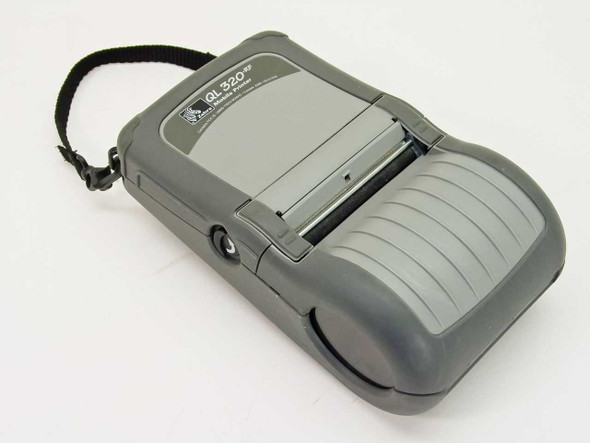 Zebra QL320-RF mobile label printer front view with carry strap and paper exit slot