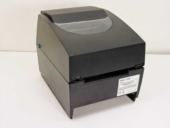 Lukhan LK-B20 barcode label printer – rear-right three-quarter view showing model label and CE certification mark
