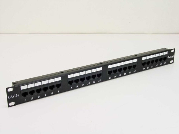 Dynacom CAT 5e 24-port 1U rackmount patch panel – front view showing all 24 numbered RJ45 ports and rack ears