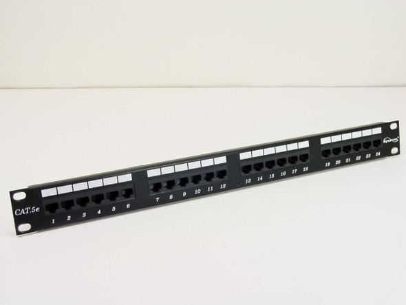 Dynacom CAT 5e 24-Port Patch Panel front view showing all 24 numbered RJ45 ports and labeling strips