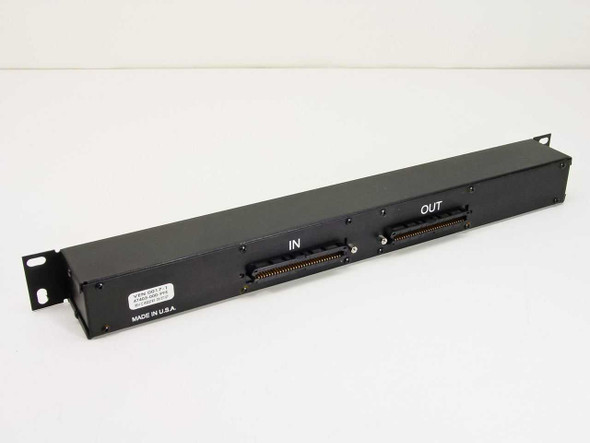 Telco Systems VEN 0017-1 patch panel — rear view showing two 50-pin Amphenol telco connectors labeled IN and OUT, with label and Made in USA marking
