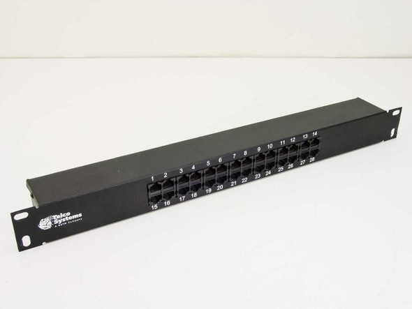 Telco Systems VEN 0017-1 28-port 1U rackmount telco patch panel — front view showing 28 numbered RJ-style ports and Telco Systems logo on left