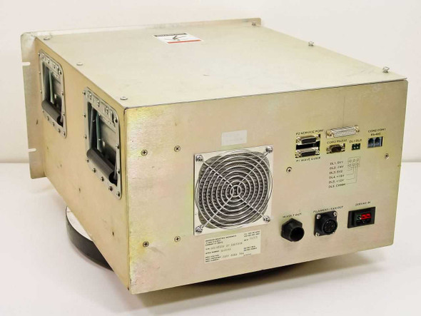 Gasonics Scorpion DC Section Microwave Power Supply 12-300000-30 — rear panel view showing cooling fan, P1 Wave Guide, P2 Service Port, RS-232, RS-485 ports, DL1-DL6 logic lines, Hi-Volt Out, Filament/Fan Out, and 208VAC input connector