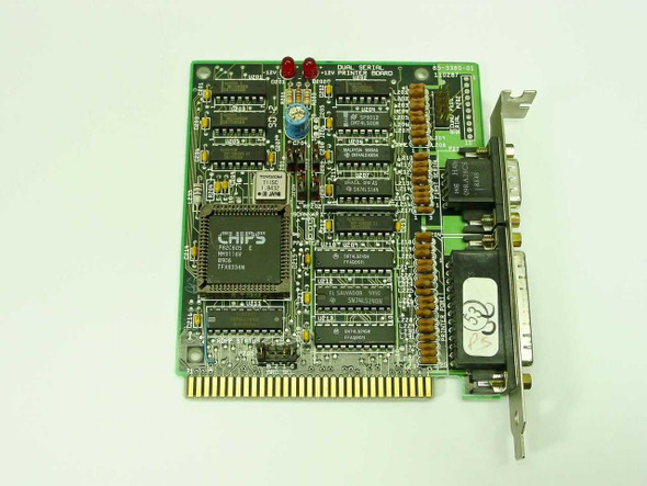 Packard Bell 181-7599-10 ISA Dual Serial Printer I/O Card – top/component side showing CHIPS controller IC, logic chips, DB9 and DB25 brackets