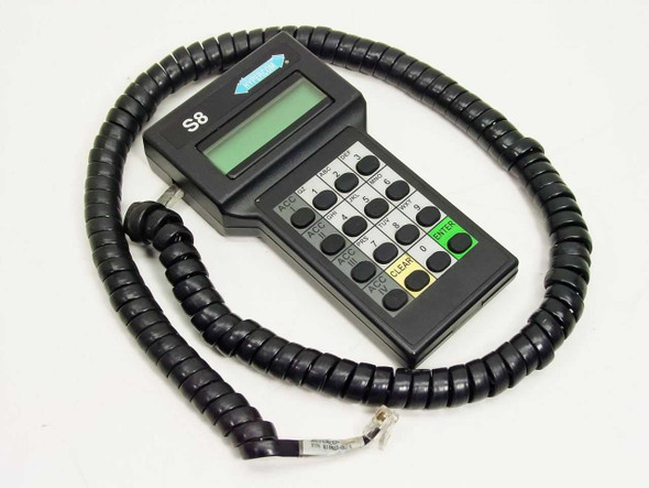 Hypercom S8 PIN pad front view showing LCD display, 16-key alphanumeric keypad, and attached coiled RJ cable