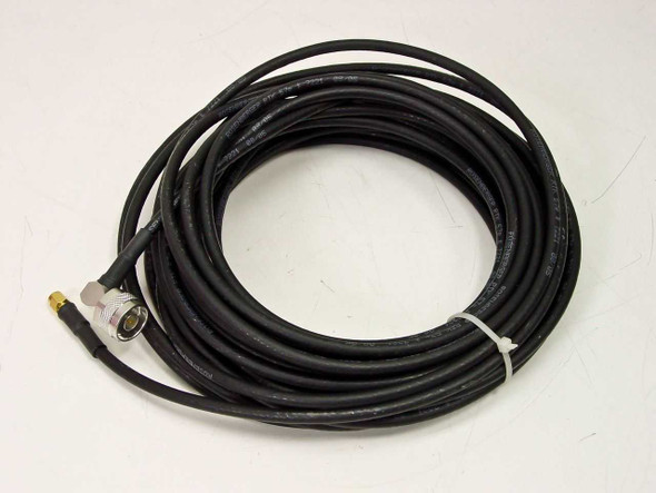 Rosenberger 994531a SMA right angle to N male 50 ohm coaxial cable coiled showing full length approximately 40 feet