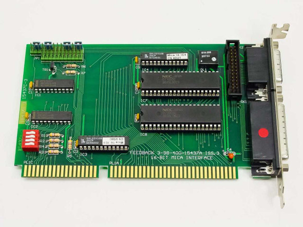 Feedback 15437A 16-Bit MICA Interface ISA Card front view showing NEC ICs, DIP ICs, dual DB25 connectors, and ISA edge connector