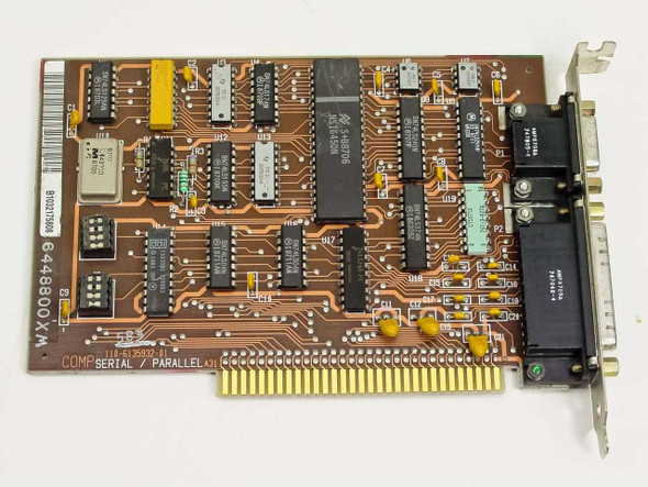 IBM 6448800XM 8-bit ISA Serial Parallel Adapter Card – component side showing PCB layout, DB25 parallel and DB9 serial port brackets