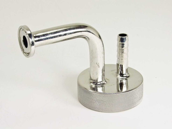 Stainless steel vacuum port front-left view showing 1" OD KF flange elbow, 3/8" barb nipple, and knurled round base