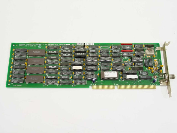Racore A8107-000 LANpac II 16-bit ISA network card – top component side showing full PCB layout and BNC bracket connector