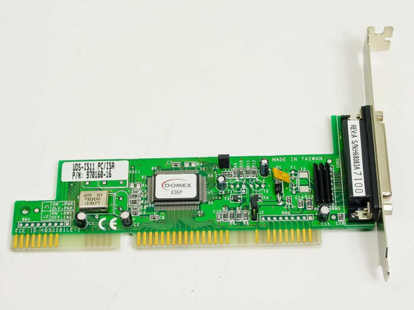 Domex UDS-IS11 970160-16 ISA SCSI controller card — front view showing Domex 6369 controller chip, green PCB, and 25-pin DB25 bracket connector