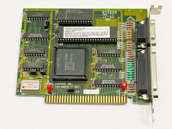 Everex Systems EV231C PWA-00219-00 ISA I/O card – top component side showing ICs, DB25 and DB9 bracket connectors