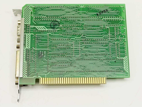 ATD Inc SA202 ISA I/O board – solder/bottom side showing ISA edge connector and PCB trace layout with two DB-type connectors visible on bracket