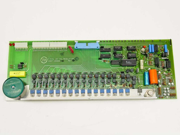 Varian 135935 4 kVA 120VAC Power Supply Regulator Board – top-side overview showing full PCB layout with DIP ICs, blue trim potentiometers, and multi-pin connectors