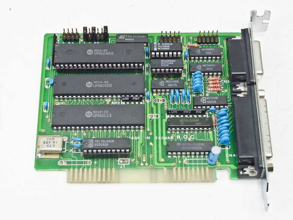 Dynova 6x5x1 Serial Parallel I/O ISA card – top component side showing UMC UM82450 and UM6C11 chips, ST logic ICs, and ISA edge connector