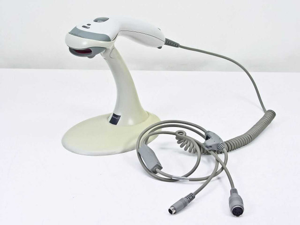 Metrologic MS9540 VoyagerCG barcode scanner on stand with AT-to-PS/2 KB wedge cable laid out in front