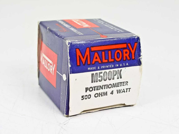 Mallory M500PK Potentiometer 500 Ohm 4 Watt – front of original blue and white Mallory box showing model and specs