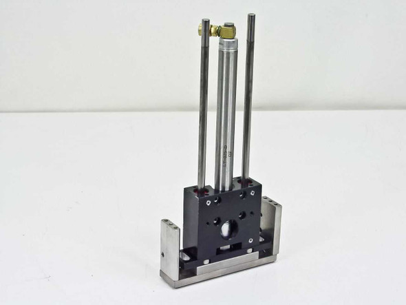 Bimba LT-025-D pneumatic cylinder assembly – side profile view showing dual shafts retracted and base plate mount