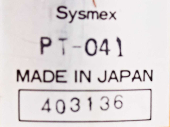 Sysmex PT-041 label close-up showing model PT-041, Made in Japan, and part number 403136