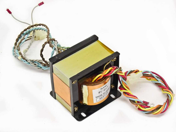Sysmex PT-042 power transformer front view showing laminated core, copper winding, and multi-lead color-coded wiring harness