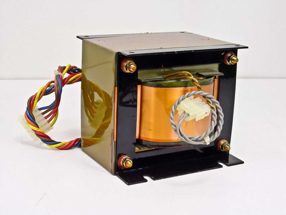 Sysmex PT-043 transformer right-side view showing full chassis frame, copper winding, and secondary connector on lead wires