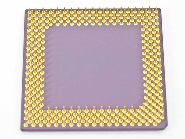 AMD K6-2/400AFR Socket 7 processor — underside showing full gold PGA pin array on ceramic substrate