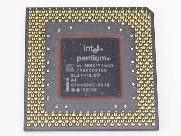 Intel Pentium MMX SL27H FV80503166 Socket 7 CPU — bottom die view showing MMX tech marking, SL27H/2.8V stepping, A4 revision, and date code C7310887-2018