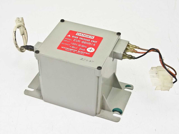 Matsushita EUK-66HN1A High Voltage Unit — front-left three-quarter view showing gray metal enclosure with red DANGER label, hardwired input leads, and white multi-pin connector on right side