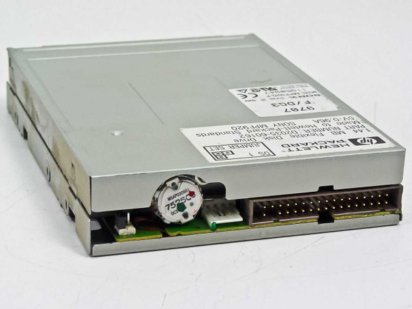 HP Sony MPF920-F floppy drive – right side and rear view showing 34-pin IDC connector and HP Hewlett-Packard label