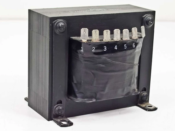 Varian M.E.D. 01005177-C transformer — top terminal strip showing taps 1 through 6, three-quarter front-left view