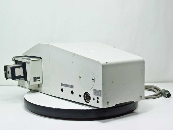 Hitachi Perkin-Elmer Coleman 139 UV-VIS Spectrophotometer — rear-left three-quarter view showing rear panel connectors and attached cable