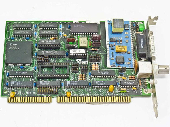 Tiara 15-00950-1 Lancard/E AT 16-bit ISA Ethernet card — top/component side showing full PCB layout with BNC and AUI bracket connectors