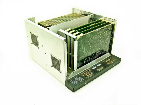 HP C1600V vintage industrial computer chassis angled front view showing multiple green expansion cards installed in card cage