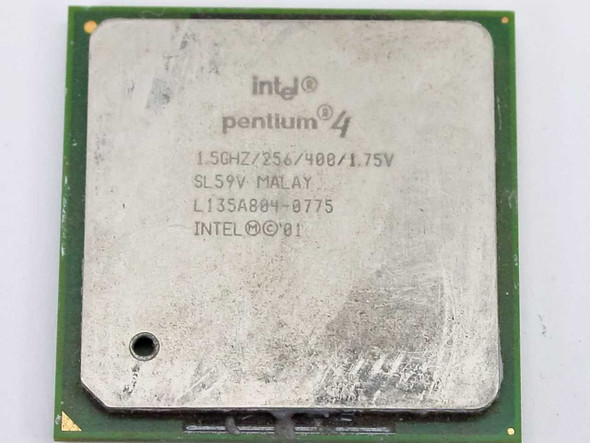 Intel Pentium 4 SL59V 1.5GHz CPU processor top view showing IHS with speed, cache, FSB, and voltage markings