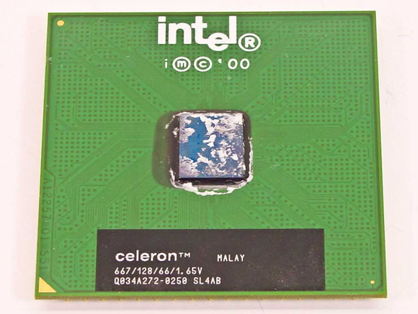 Intel Celeron SL4AB 667MHz Socket 370 CPU — top view showing Intel logo and specification label reading 667/128/66/1.65V