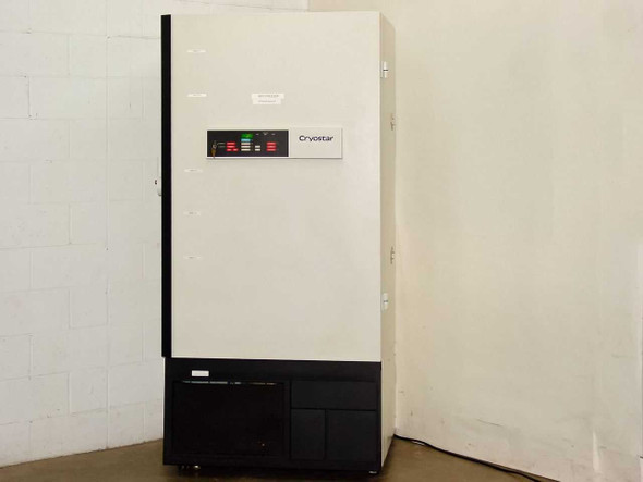 Queue Systems QU2195D12 Cryostar ultra-low cryogenic freezer – full front view showing white cabinet, front control panel with indicator lights, and black base section
