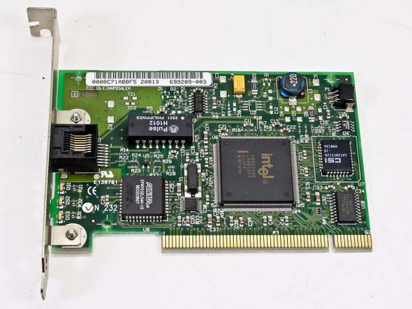 Compaq 323553-001 Intel NC3121 PCI 10/100 network card — component side showing Intel controller chip and Pulse transformer