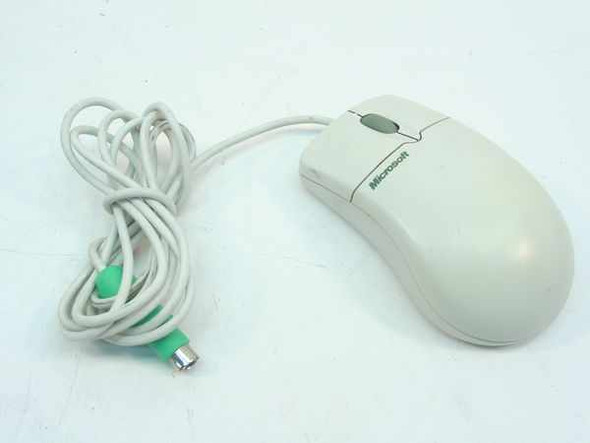 Microsoft X04-72167 IntelliMouse PS/2 scroll wheel mouse — full top view with coiled gray cable and green PS/2 connector
