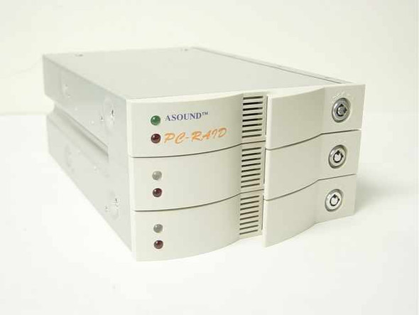 Asound PC-RAID 3-bay hot-swap IDE enclosure front view showing drive bays, status LEDs, and eject buttons