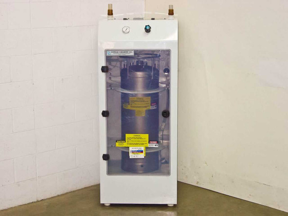 Systems Chemistry 99-12262-00 chemical day tank delivery system – front view, cabinet closed with clear acrylic door showing stainless steel tank inside
